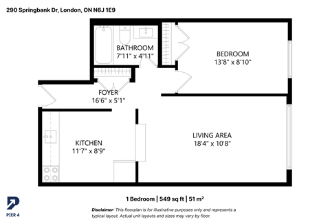 Floor plan for 1 bed, 1 bath, 549 sqft